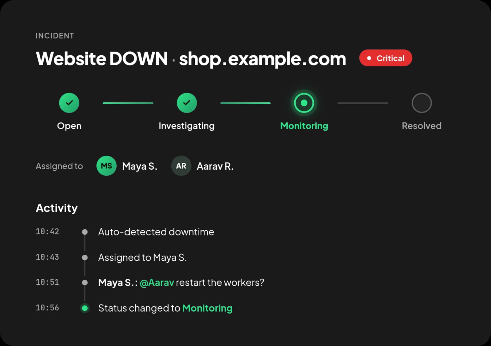 Statixoup incident detail with status progress, assigned team members and activity timeline