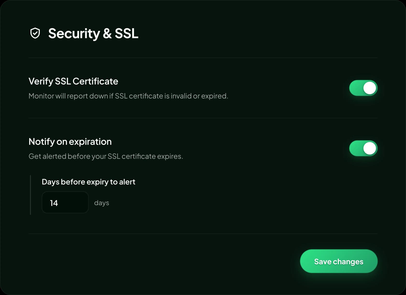 Statixoup Security and SSL settings with certificate verification and expiry reminder options